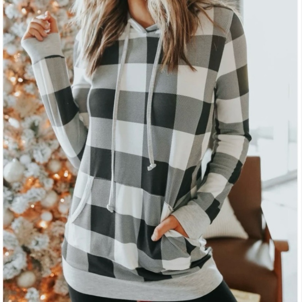 Magnolia Ivory Black Buffalo Plaid Lightweight Hoodie Women’s Small NWOT